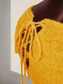 Amplova Damska dzianinowa mini spódniczka, bardzo niski stan, seksowne i awangardowe wiązanie z boku, żółta spódnica w kolorystyce dopaminy - Żółty - Zobacz 7