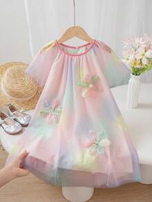 SHEIN Elladie kids 女童多层网纱刺绣短袖花朵装饰公主裙，适合夏季度假、派对、海滩等场合 - 彩色 - 查看 4