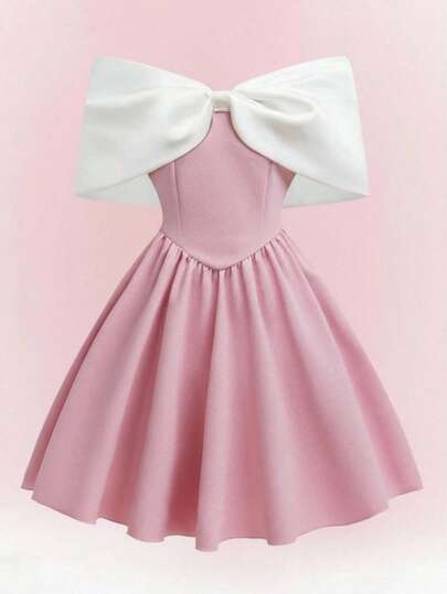 Holiday,Summer,TravelTween Girl Elegant Casual Resort Dress, Off Shoulder Bow Short Flared Ruffle Hem Bow Decor Pink Dress, Suitable For Spring/Summer Outdoor Leisure Classy Girl Dresses For Girls