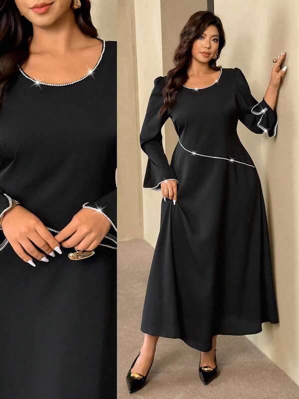 Auralis Plus Size Women's New Year Valentine's Day Party Date Daily Outfit Round Neck Flare Sleeve Dress