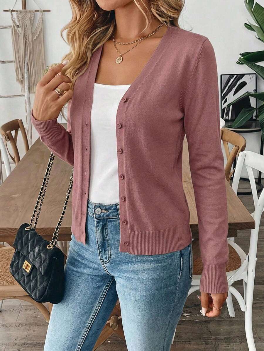 Áo khoác cardigan dài tay ôm sát màu trơn cài nút phía trước thanh lịch dành cho nữ - Bụi hồng - Xem 1