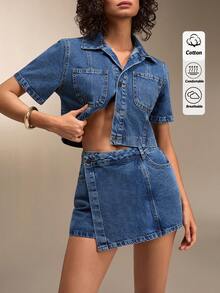 SHEIN 女士牛仔两件套短裙和露脐衬衫款式牛仔套装 - 中等水洗藍 - 查看 6