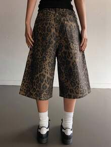 DAZY Pantaloncini di jeans casual e ampi con stampa leopardata e effetto consumato, adatti per la primavera e l'estate - Castano - Visualizzare 2