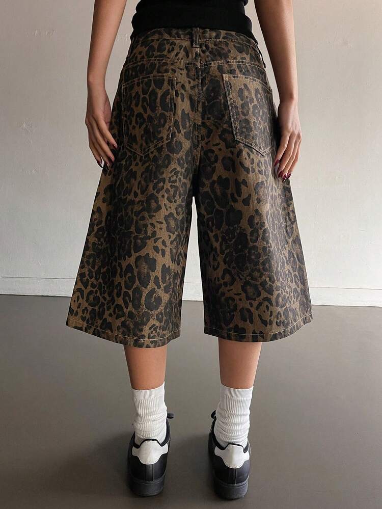 Women's Casual Loose Fit Distressed Leopard Print Denim Shorts, Suitable For Spring And Summer Jorts