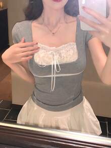 DAZY Women's Casual Colorblock Lace Patchwork T-Shirt, Summer - Grey - View 3