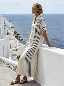 SHEIN Holidaya V领短袖度假印花宽松长裙，适合春、夏、秋、冬四季穿着，适合度假、约会、优雅、休闲、通勤、日常穿着、海滩等场合，百搭实用。 - 杏色 - 查看 8