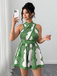 Elenzga 女士优雅休闲复古印花露背交叉连体裤 - 綠色 - 查看 5