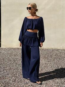 DAZY 2pcs Women Off-Shoulder Short Blouse & Wide Leg Pants Casual Vacation Outfit, Spring/Summer - Blue - View 6
