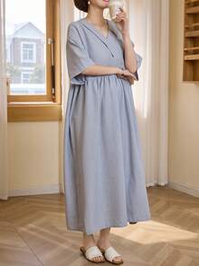 Livesso 女士不对称领口宽松中长连衣裙 - 藍色 - 查看 4