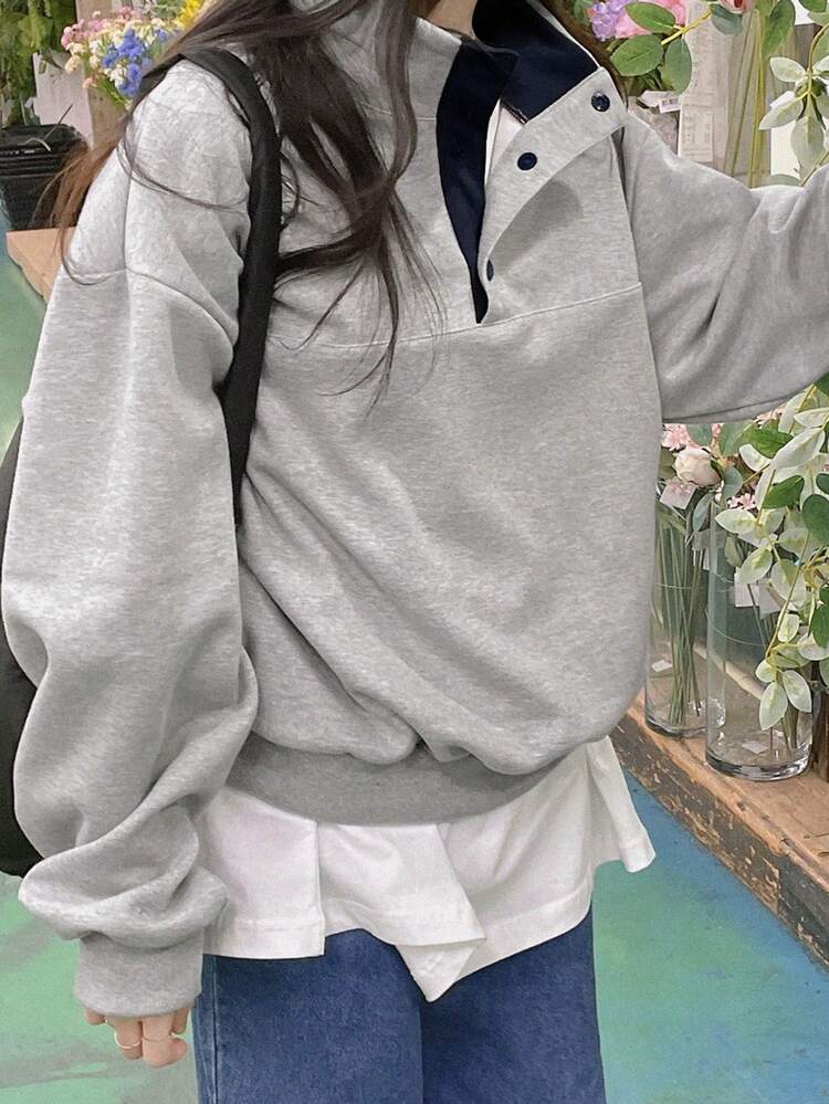 Fashionable Loose Fit Contrast Color Turndown Collar Long Sleeve Pullover Sweatshirt For Women