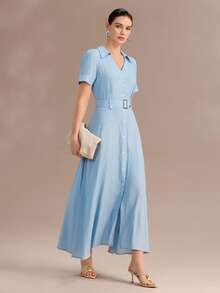 Uhlyne Đầm kiểu Pháp tối giản chất liệu rayon viscose giả denim, cổ chữ V, thắt eo, phong cách giản dị nhưng thanh lịch, phù hợp cho đi làm, nghỉ lễ, mặc hàng ngày, dự tiệc hoặc đi nghỉ mát. - Màu xanh lam - Xem 3