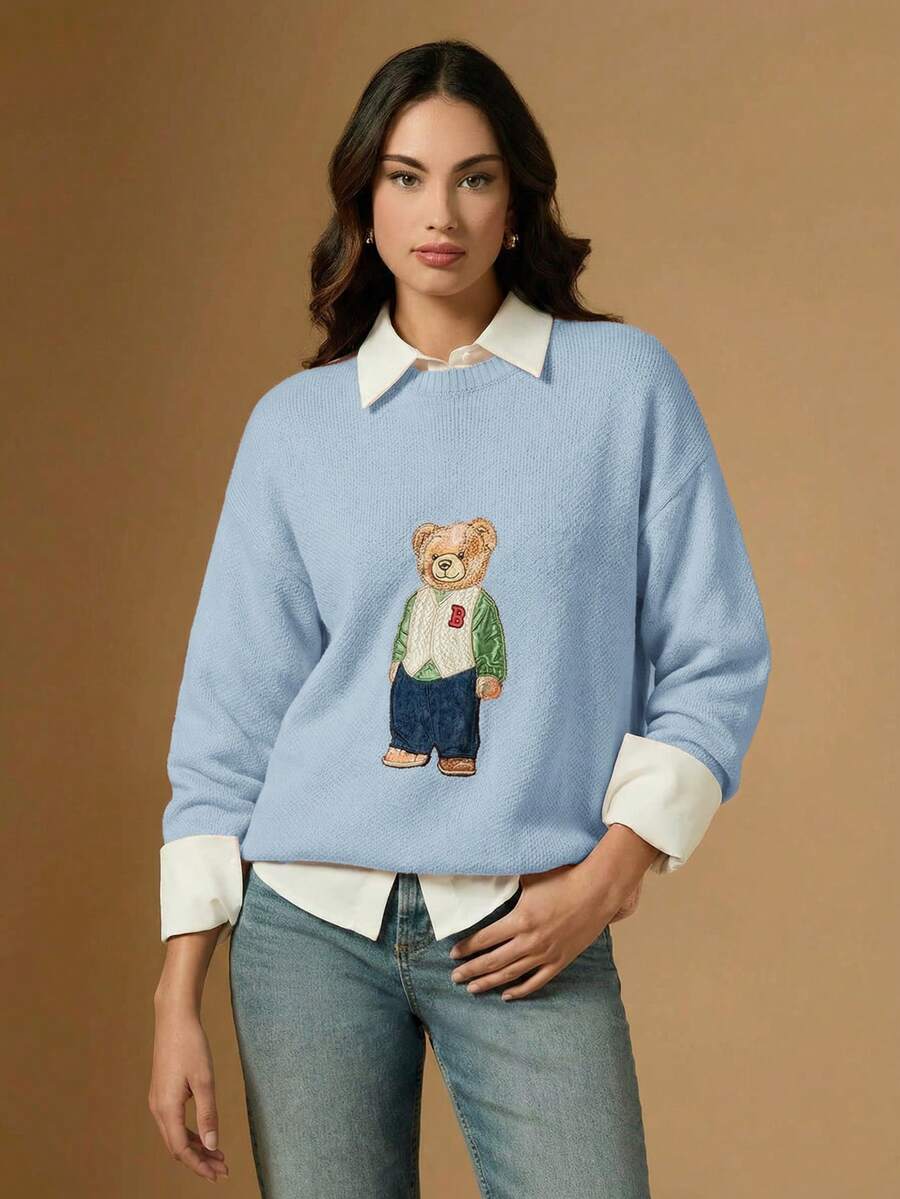 女士熊图案长袖休闲毛衣 - 淺藍色 - 查看 1