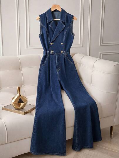 GlowEve Salopetă de damă din denim, cu rever, fără mâneci, la modă, de vară, versatilă