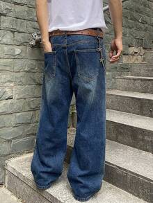 ROMWE MEN Grunge Punk Men's Contrast Color Pocket Wide Leg Loose Casual Jeans - Blue - View 3