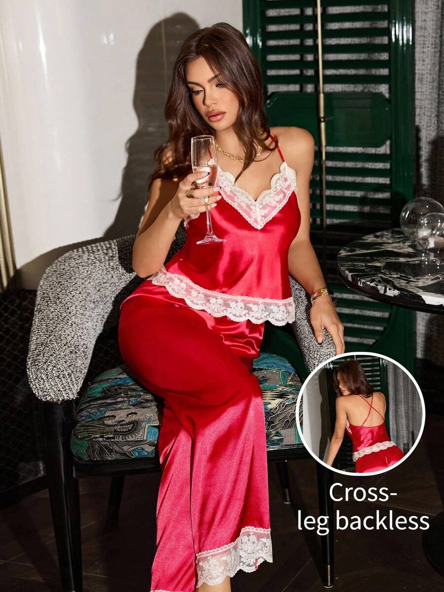 SHEIN 两件套女士性感V领吊带背心和长裤睡衣套装，刺绣蕾丝边，红色，情人节礼物，四季皆宜 - 紅色 - 查看 1