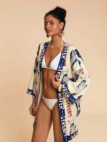 Travachic Letter & Fish Print Casual Loose Long Sleeve Kimono Cover Up,Beach,Beach Outfits For Women,Beach Set,Going Out,Vacation,Vacation Outfits Women,Holiday,Summer,Summer Clothes,Summer Outfits For Women,Party ,Going Out,Going Out Outfits,Casual,Elegant,Y2k,Flower - Blue - View 5