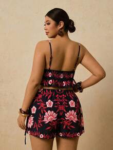 Travachic Plus Size Women Summer Floral Print Shorts Set, Camisole Top With Ruffle Hem Paired With Wrap Skort 2-Piece Outfit - Black - View 2