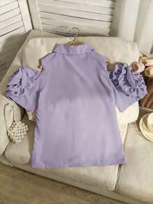 SHEIN Tween Girls' Summer Casual Solid Color Floral 3D Decor Off-Shoulder Blouse - Purple - View 2