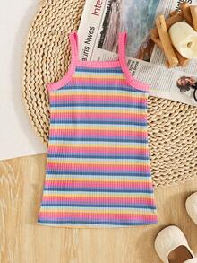 SHEIN Baby Girls Rainbow Striped Elastic Cute Sleeveless Dress, Spring/Summer - Pink - View 2
