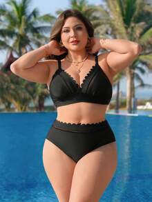 Swim Lushoire Damen Große Größen 2-teiliges Badeanzug Set, Spitzenbesatz Bademode für Sommerurlaub - Schwarz - Übersicht 3