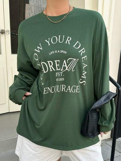 Dazy Plus Plus Size Letter Print Long Sleeve T-Shirt, Casual For Spring & Autumn