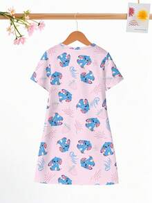 1 Pack Baby Girls' Cute Rabbit Print Short Sleeve Knit Dress Pajamas, Spring/Summer - Pink - View 2