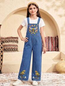 SHEIN Thời trang thiếu nữ tuổi teen phong cách Y2K cổ điển, cá tính, đường phố, thêu hình ong, quần yếm denim xanh dáng rộng với họa tiết hoa, thích hợp mặc hàng ngày, dự tiệc mùa xuân hè, lễ hội và các hoạt động đường phố. - Màu xanh lam - Xem 3
