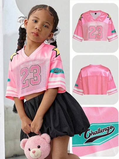 SHEIN SLAYR KIDS Young Girl Knit Numeric Pattern V-Neck Loose Casual T-Shirt