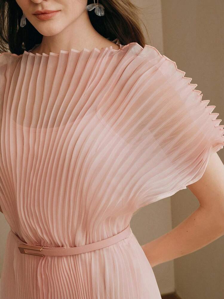 Vacation Outfit Dress, Fashionable Pink Batwing Sleeve Mid-Sleeve Cinched Waist Flared Dress Pink Pleated Dress