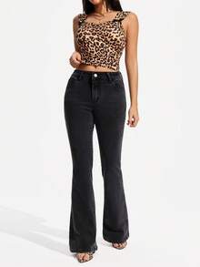 SHEIN PETITE Women Casual Street Fashionable Simple Plain Flared Jeans - Black - View 5