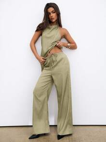 Aloruh Women's Faux Linen Lapel Neck Sleeveless Top And Pants Set, Commuting Style - Green - View 7