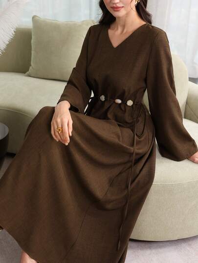 Yasmyna 女士春夏梭织长袖系腰串珠A字优雅休闲土耳其长裙及阿拉伯传统罩袍