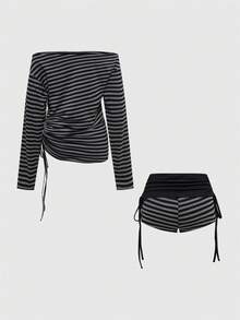 ROMWE J-Fashion Y2K Sexy Striped Bat Wing Ruffle Drawstring Off Shoulder Women's Suit - Black - View 2