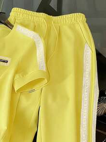 Resyla 女士休闲短袖上衣和裤子两件套，夏季 - 黃色 - 查看 3