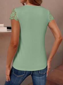 EMERY ROSE Casual Versatile Solid Color Lace Patchwork T-Shirt, Summer - Mint Green - View 2