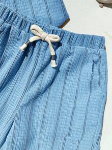 SHEIN 2pcs/Set Baby Boy/Girl Comfortable Casual Versatile Khaki Striped Collar Short Sleeve Shirt Knit Top And Pants Set, Suitable For Spring/Summer Indoor, Outdoor, Daily, Sports, Play, Party, Photo Shoot, Holiday, Festival - Baby Blue - View 5