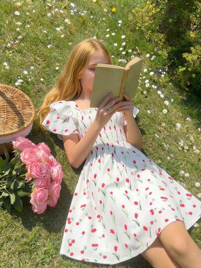 Girls Floral Print Cap Sleeve A-Line Dress, Cute Casual Outdoor Party Dress, Suitable For Spring/Summer