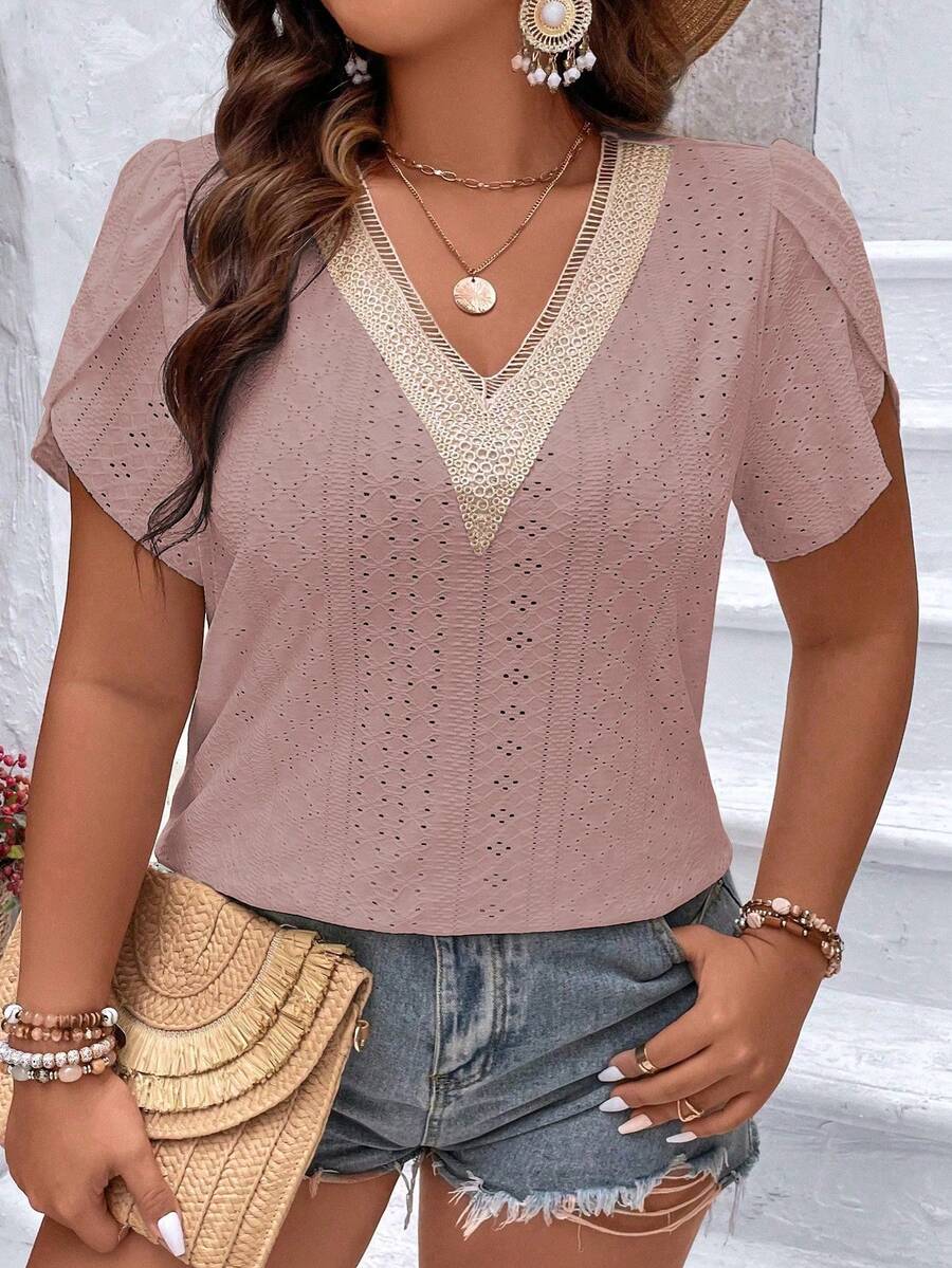 Vionelle 加大码撞色蕾丝花瓣袖T恤图案女式上衣 - 藕粉色 - 查看 1