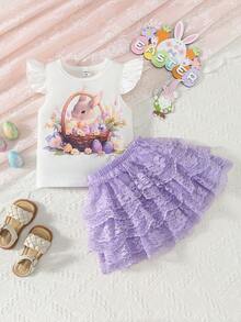 SHEIN 2pcs/Set Young Girl Sleeveless Top And Skirt, Casual & Fashionable Daily Wear Set Young Girls Clothing Sets Summer - Multicolor - View 1