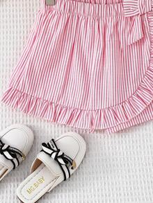 SHEIN Young Girl Woven Solid Striped Casual Shorts - Pink - View 3