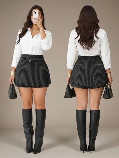 Auralis Saia curta casual cinza retrô, nova saia curta listrada de camada dupla e corte em A versátil, shorts plus size femininos/elegante para o escritório, estilo sereia com cinto/para shows/fantasias de apresentações/encontros/banquetes sofisticados/bailes/temporada de casamentos/Dia dos Namorados/festas/sexy/para o dia a dia/romance elegante/mulher encantadora no escritório/estilo sereia/festas de aniversário (com saia e calça)