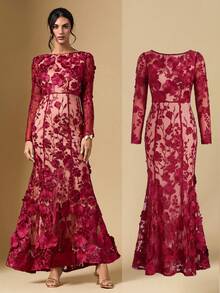 Briarwyn 女士优雅派对3D立体花卉刺绣网纱连衣裙 - 酒紅色 - 查看 9