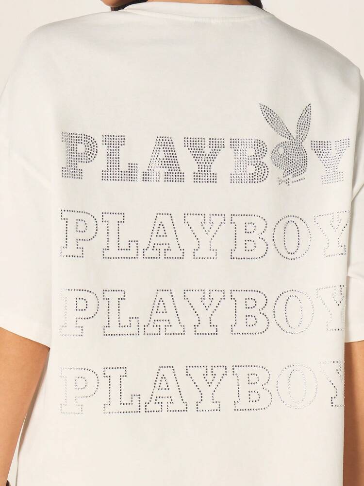Missguided x Playboy Oversized Hotfix Rhinestone Embellished T Shirt With Relaxed Crew Neck Short Sleeves Casual Logo