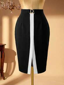 DreamSkyne Plus Size Women Metal Letter Decor Colorblock Long Elegant A-Line Skirt - Black and White - View 2