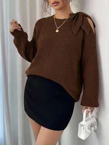 Solid Color Twist Hollow Casual Versatile Long Sleeve Pullover Sweater - Brown - View 5