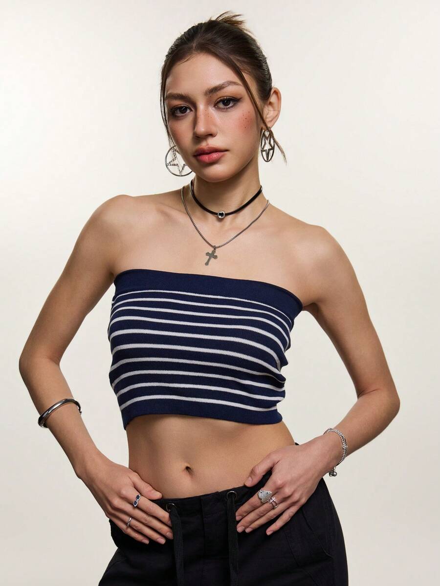 Rina Fox Sexy Striped Spaghetti Strap Camisole Top, Knit Undershirt For Summer, Wear Alone Or As Layering - Blue and White - View 1
