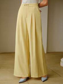 ZEYLAH WOMEN'S PRESS CREASE POCKET SUIT PANTS, WIDE LEG PANTS - Yellow - View 4