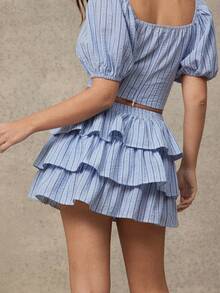 WESTFADE 格纹荷叶边系带半身裙 - 藍色 - 查看 2