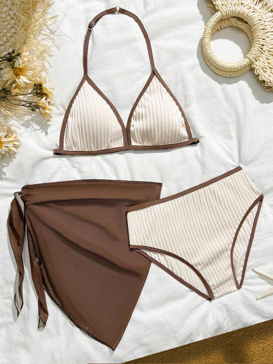 SHEIN 少女夏季沙滩撞色挂脖式比基尼泳衣套装，含罩裙，款式保守，适合度假穿着。两件套，适合度假女孩。夏季两件套，三件套泳衣，三件套泳装套装，夏季两件套，三件套比基尼套装，含纱笼裙，少女泳装三件套，女孩沙滩套装，沙滩服三件套泳衣套装，泳装套装，少女泳装带裙，女孩泳装套装，中性棕色泳装，棕色两件套。