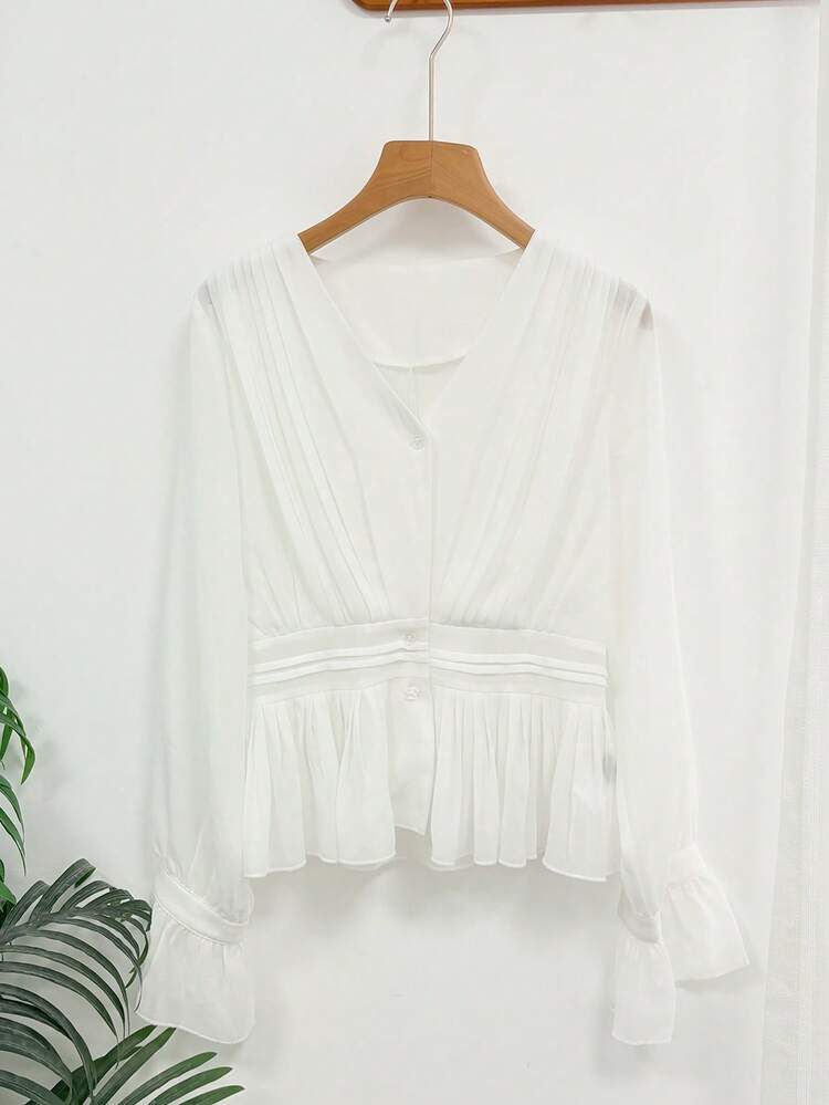 Women's Solid Color V-Neck Long Sleeve Ruffle Hem Single-Breasted Shirt